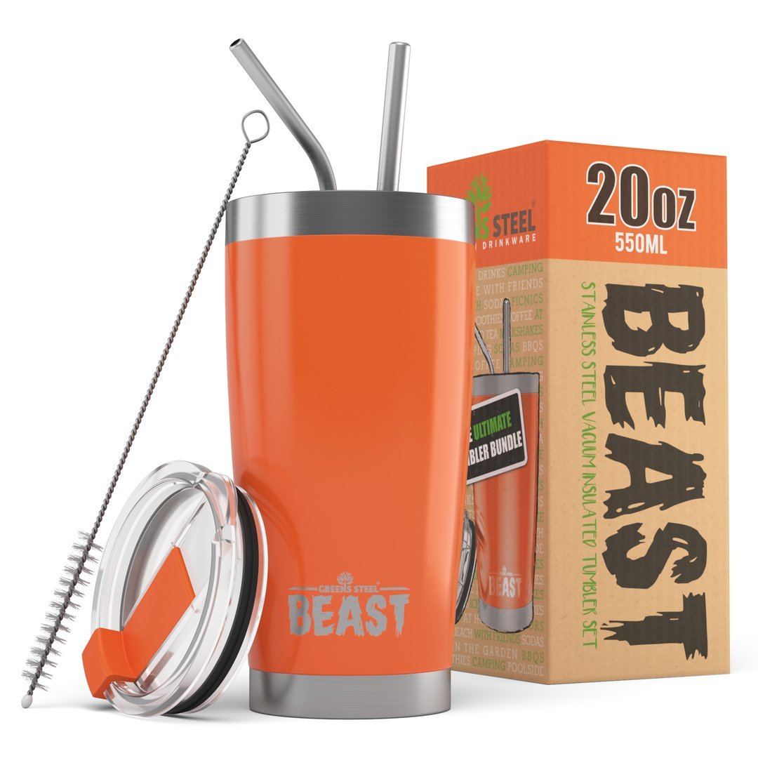 Beast 20 oz Red Tumbler Stainless Steel - Insulated Coffee Cup with Lid, 2 Straws, Brush & Gift Box by Greens Steel (20oz, Ladybug Red)
