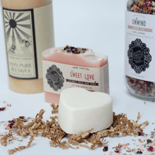 Load image into Gallery viewer, Relaxing spa kit - unwind bath tea- lotion bar - sweet love bar soap and beeswax candle
