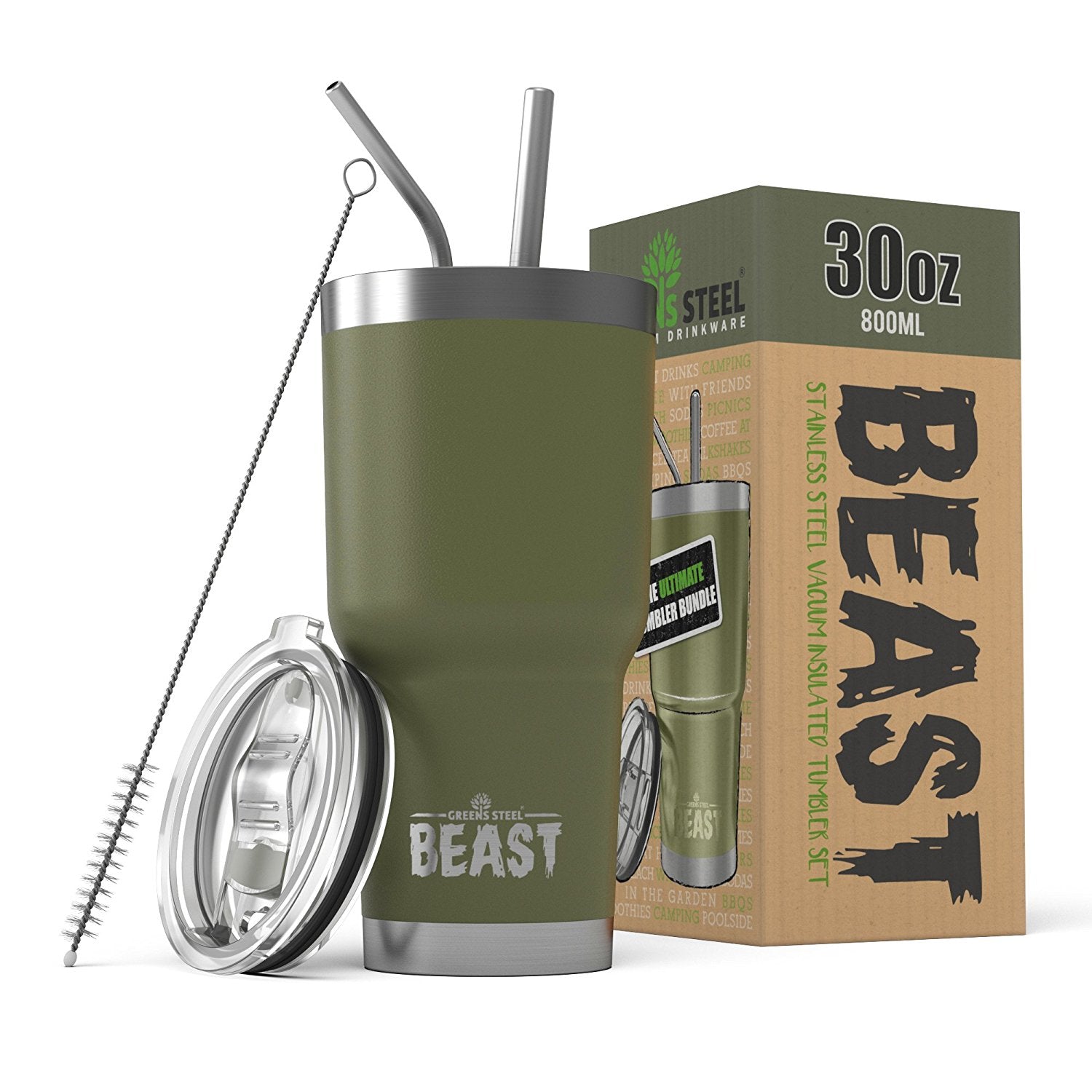 Beast 30 oz Tumbler Stainless Steel Insulated Coffee Cup with Lid, 2 Straws, Brush & Gift Box by Greens Steel (30 oz, Army Green)